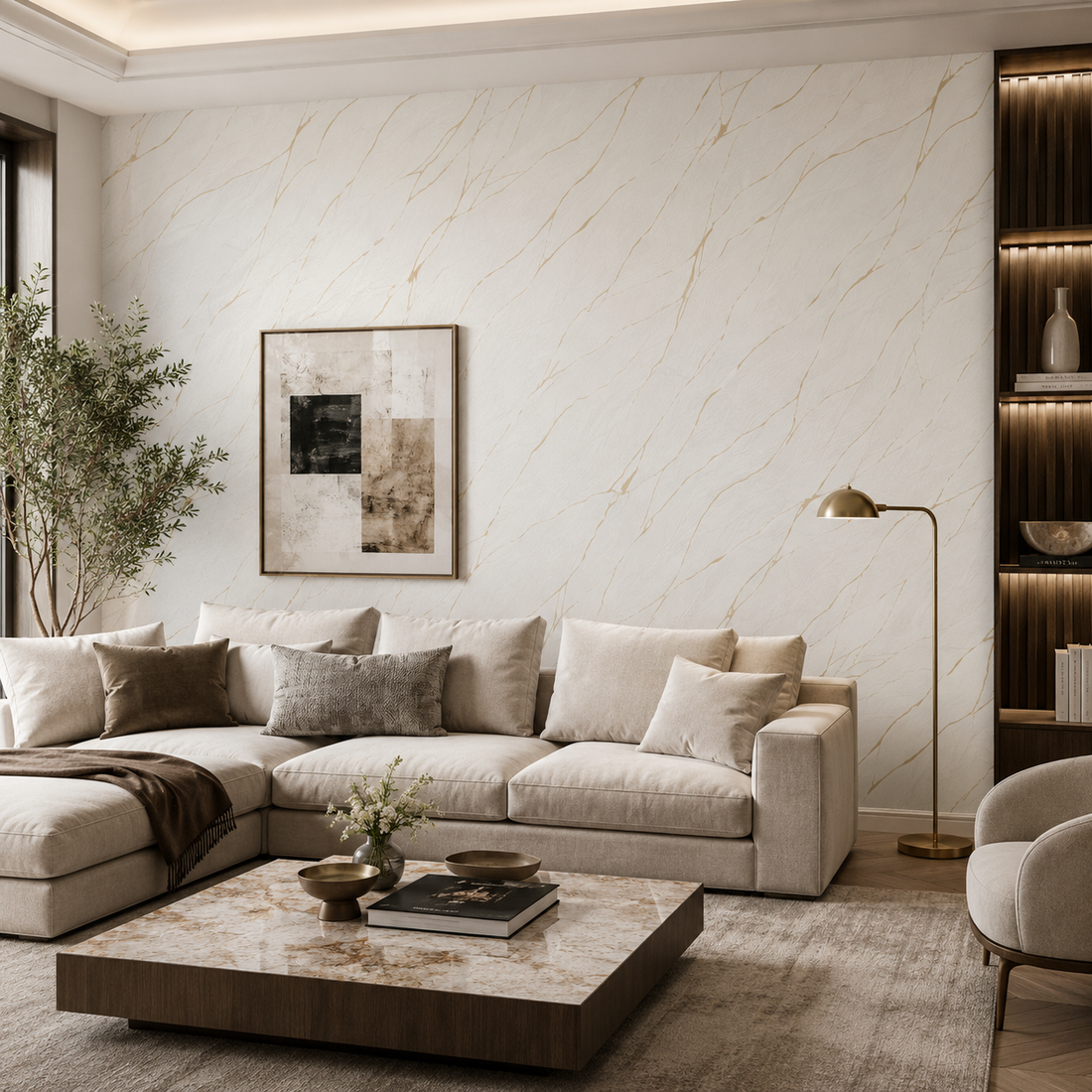 Erismann Opus 10440-32 beige abstract stone-effect wallpaper with flowing linear veining