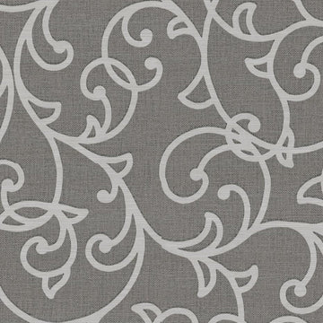 Erismann Opus 10467-11 charcoal grey wallpaper with white ornamental vine scrolls on a fabric-effect ground.