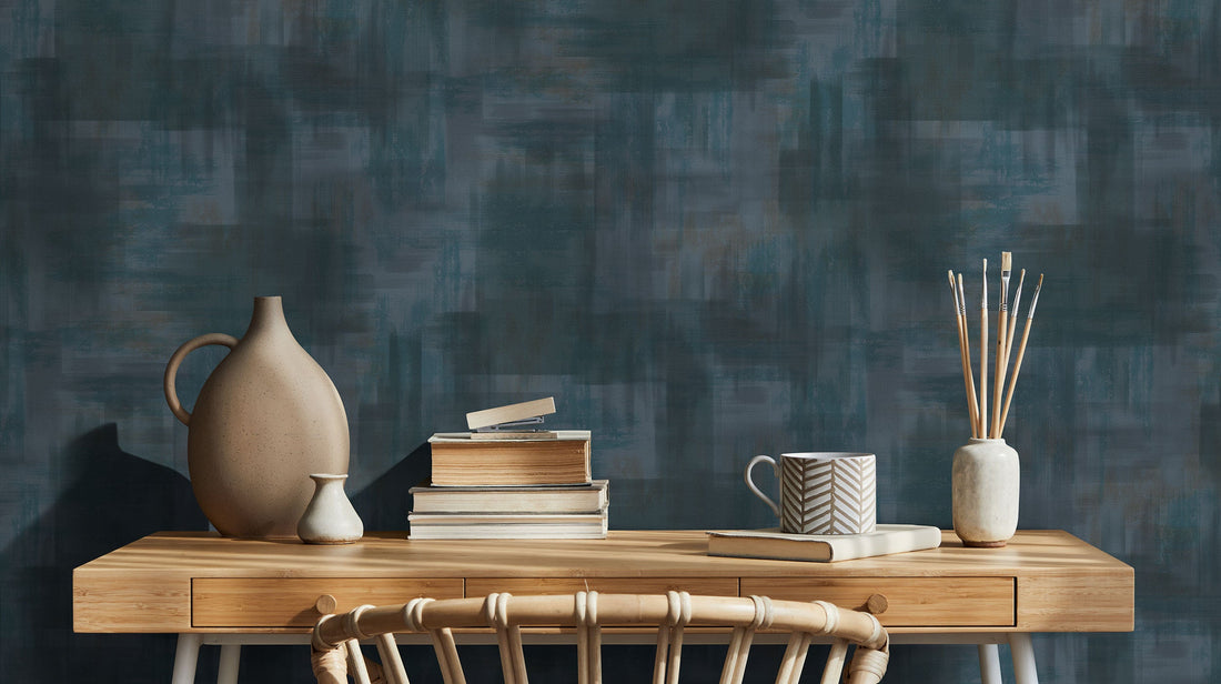 Erismann Elysium abstract wallpaper with layered block textures in deep teal, muted blue, and gray tones, creating a modern artistic look.