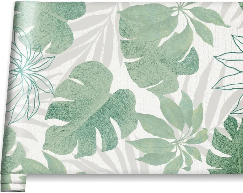 Marburg Avalon 31604 sage-green leafy botanical wallpaper on a light grey and white ground.