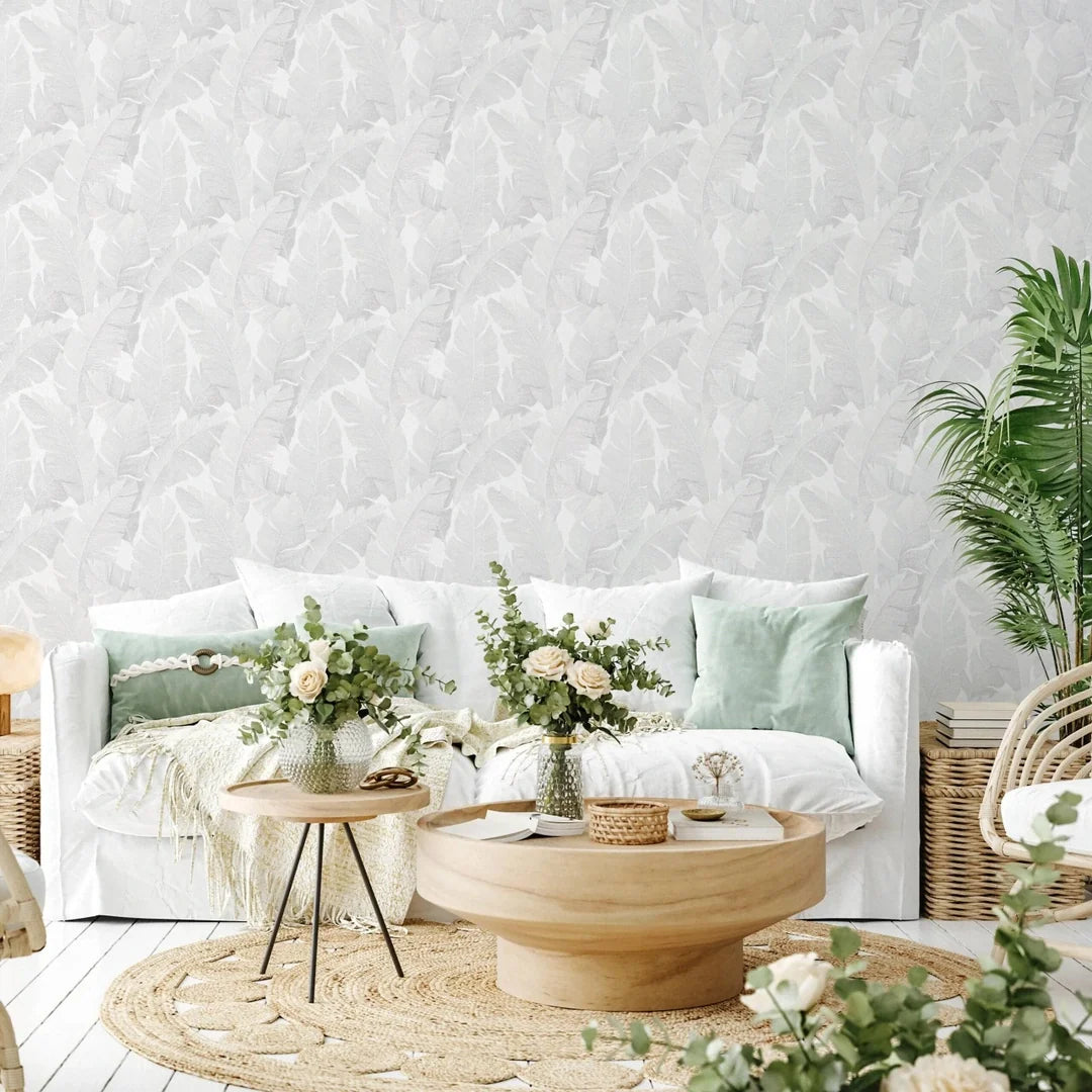 Marburg Avalon 31623 light grey palm leaf wallpaper on a soft white background