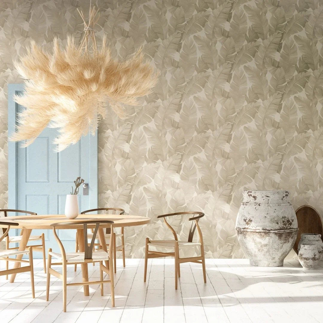 Marburg Avalon 31625 wallpaper roll with large tonal beige palm leaves on a soft white ground.