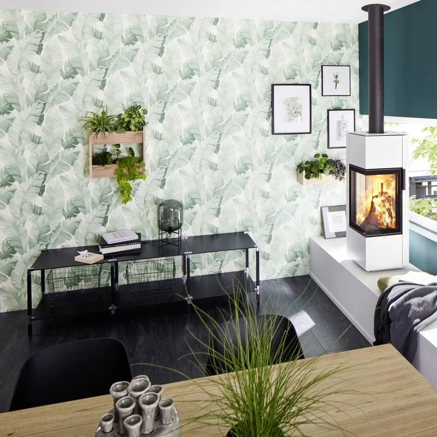 Marburg Avalon 31650 sage green palm leaf wallpaper on white
