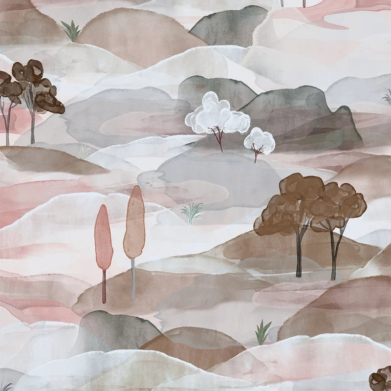 Marburg Boho 35786 wallpaper with a soft watercolor landscape of rolling hills and trees in light grey and warm brown tones.