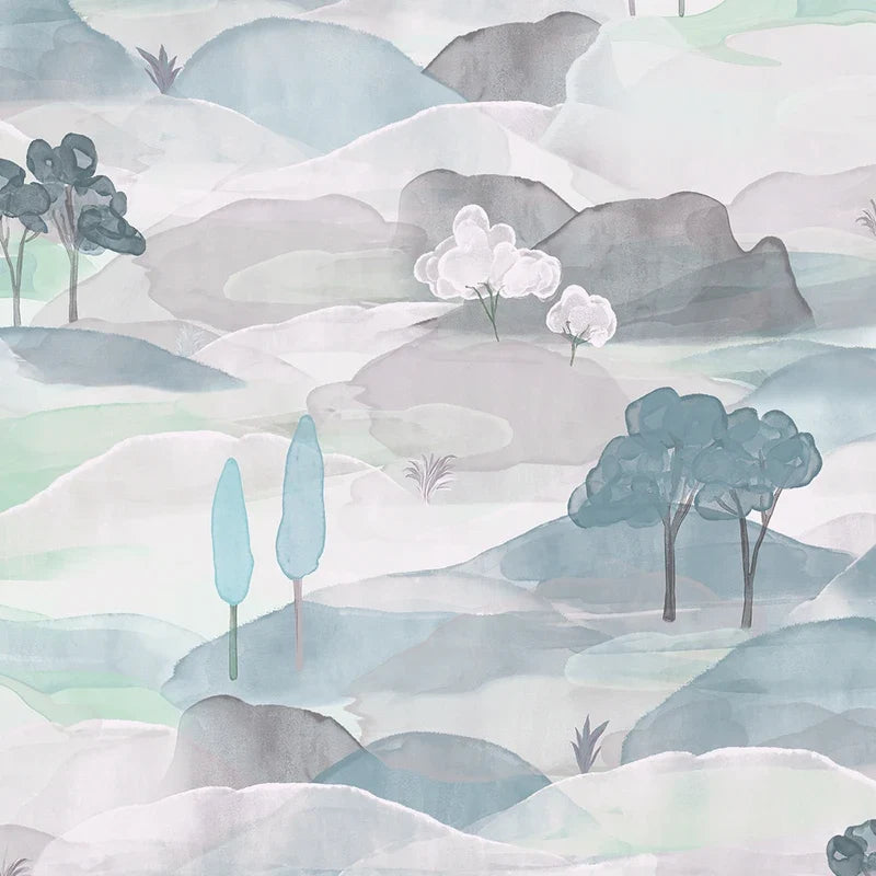 Marburg Boho 35788 wallpaper with a soft watercolor scenic landscape in light grey, blue, and green tones.