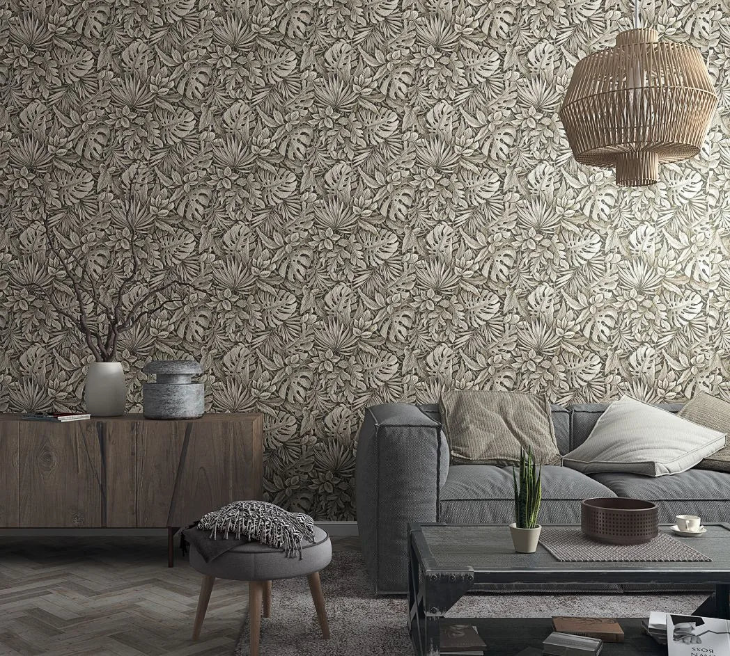 Marburg Botanica 33305 wallpaper with dense monochrome leafy botanical in neutral grey