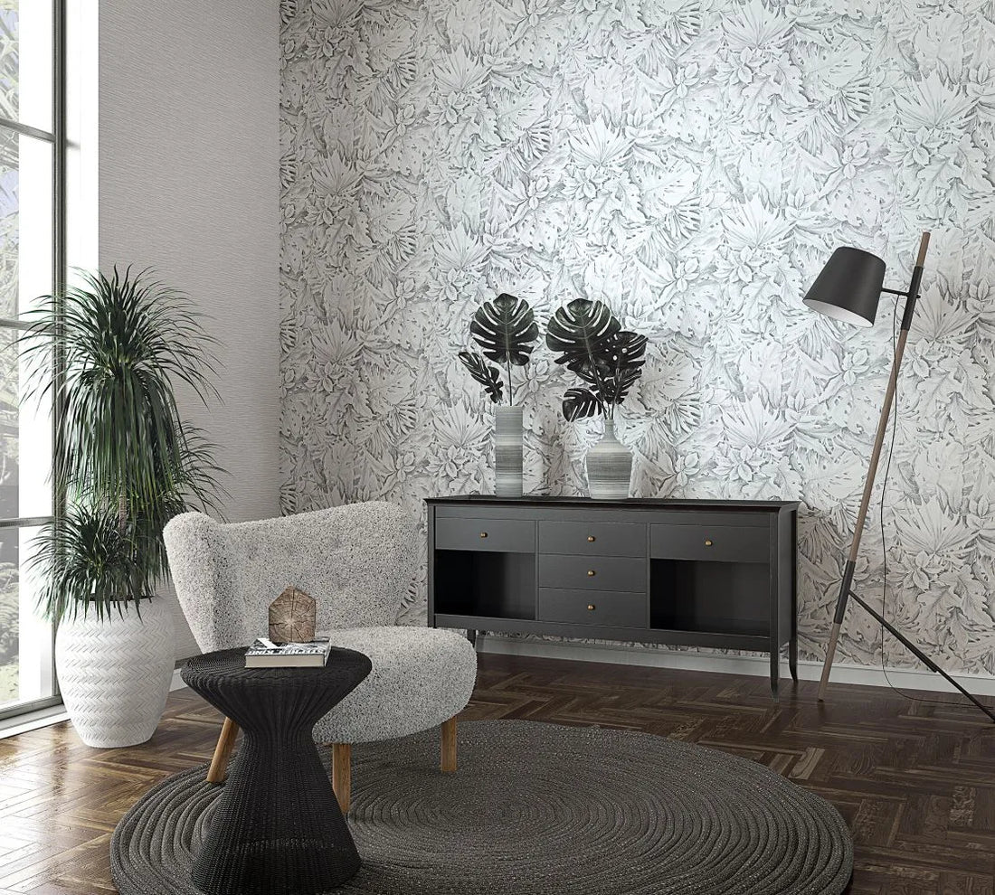 Marburg Botanica 33308 grey leafy botanical wallpaper with pencil-drawn tropical leaves