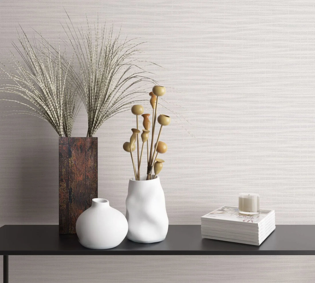 Marburg Botanica 33322 Wallpaper roll with fine gray and white horizontal textured lines shown on a matching unrolled sheet.