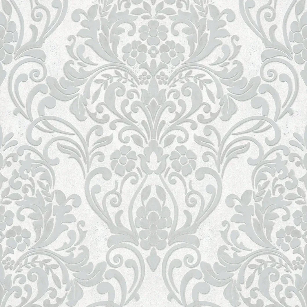 Marburg City Glam 32602 light grey damask wallpaper with floral scrolls on a soft white background