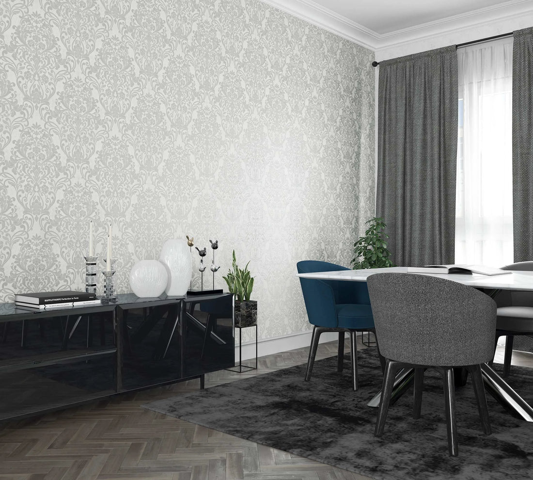 Marburg City Glam 32602 light grey damask wallpaper with floral scrolls on a soft white background
