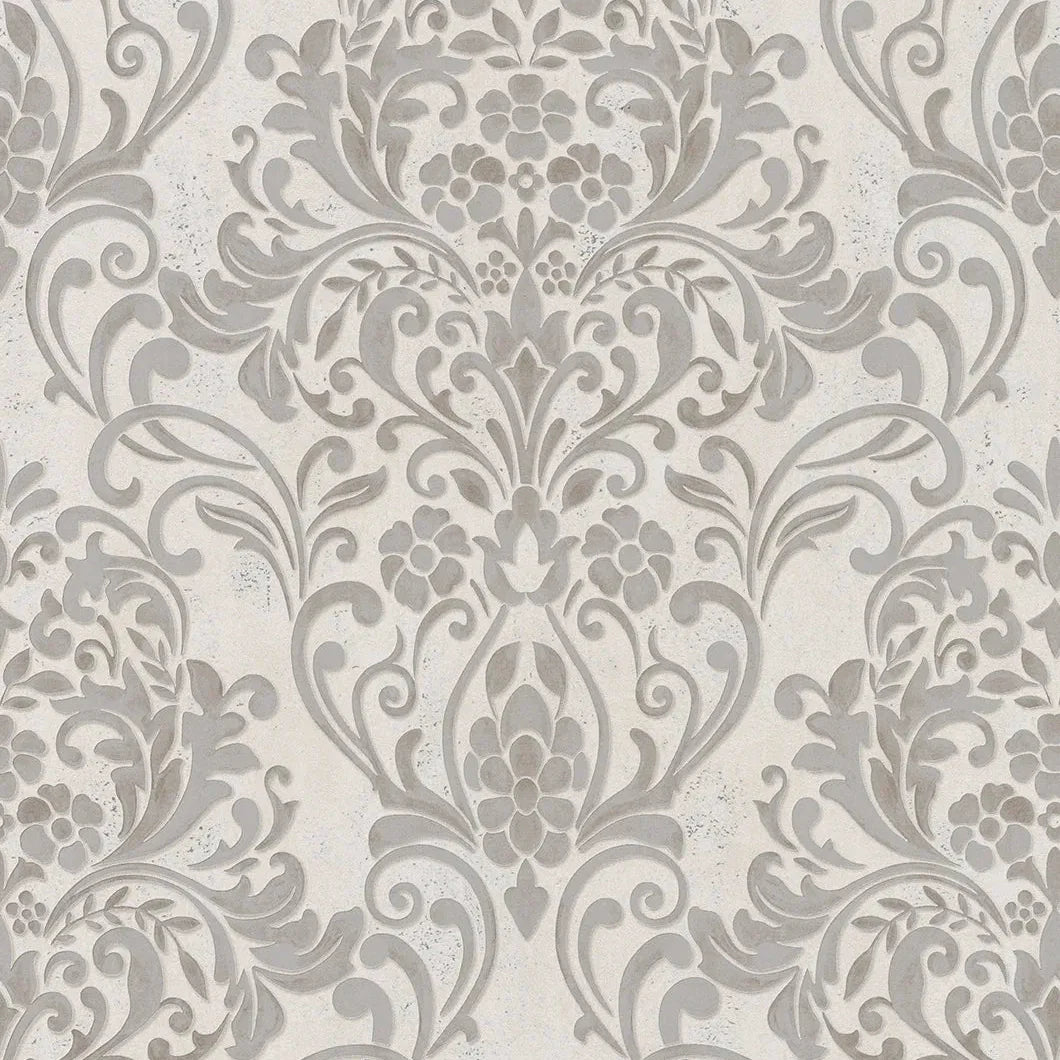 Marburg City Glam 32603 grey damask wallpaper on a light stone-look ground.