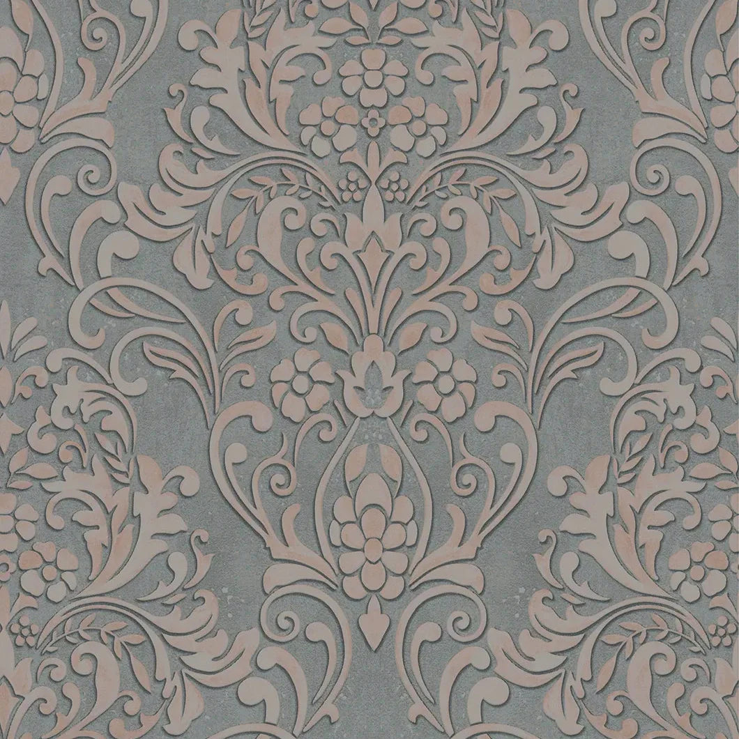 Marburg City Glam 32604 grey ornamental damask wallpaper with soft blush accents on a stone-look ground.