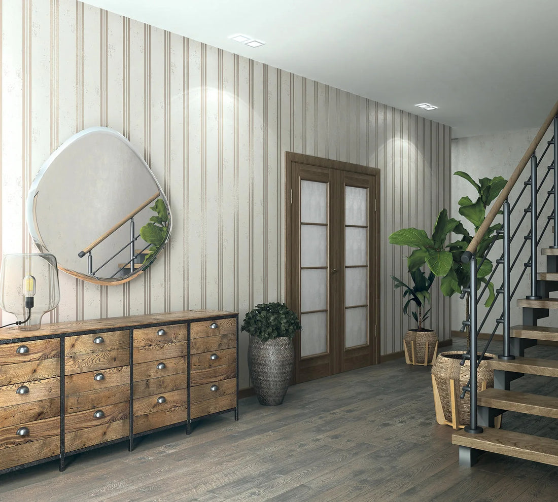Marburg City Glam 32636 beige vertical stripe wallpaper with a softly distressed plaster-like ground.