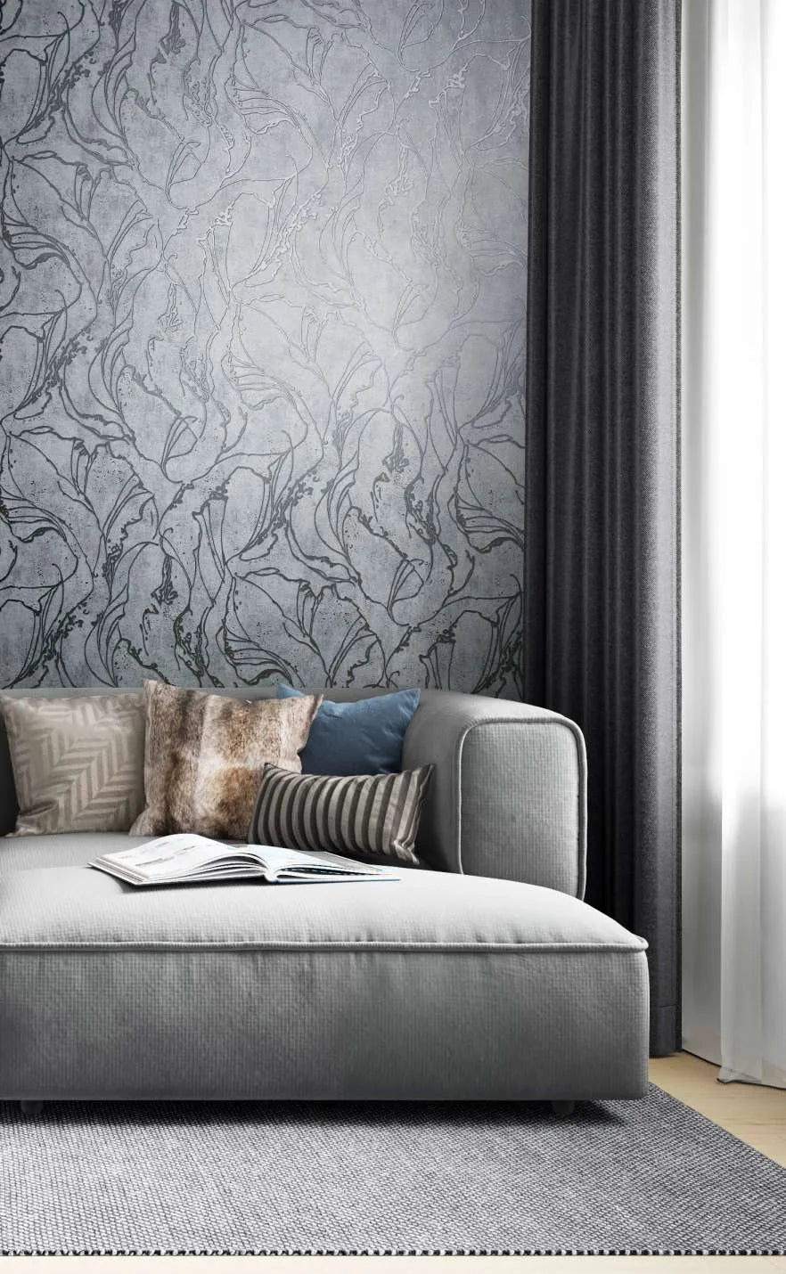 Marburg City Glow 34254 light grey abstract plaster-effect wallpaper with flowing embossed lines.