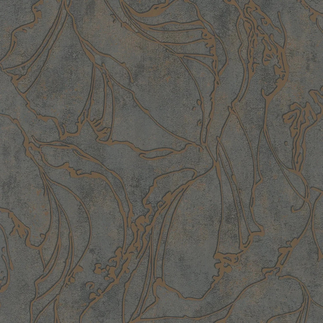 Marburg City Glow 34256 wallpaper with charcoal grey stone-like ground and flowing copper abstract linework.