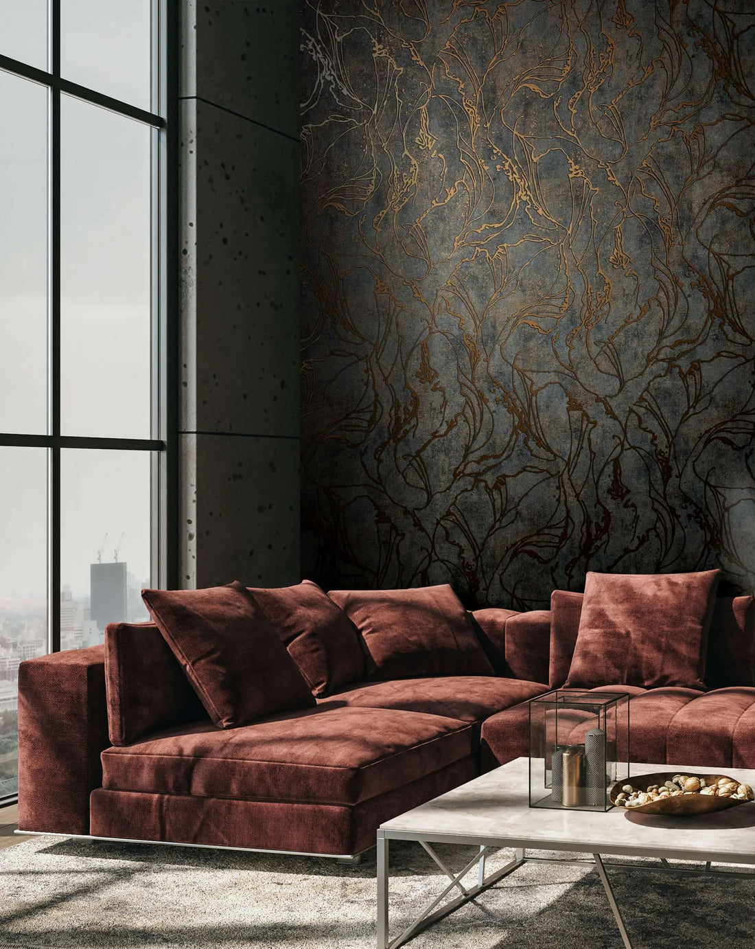 Marburg City Glow 34256 wallpaper with charcoal grey stone-like ground and flowing copper abstract linework.