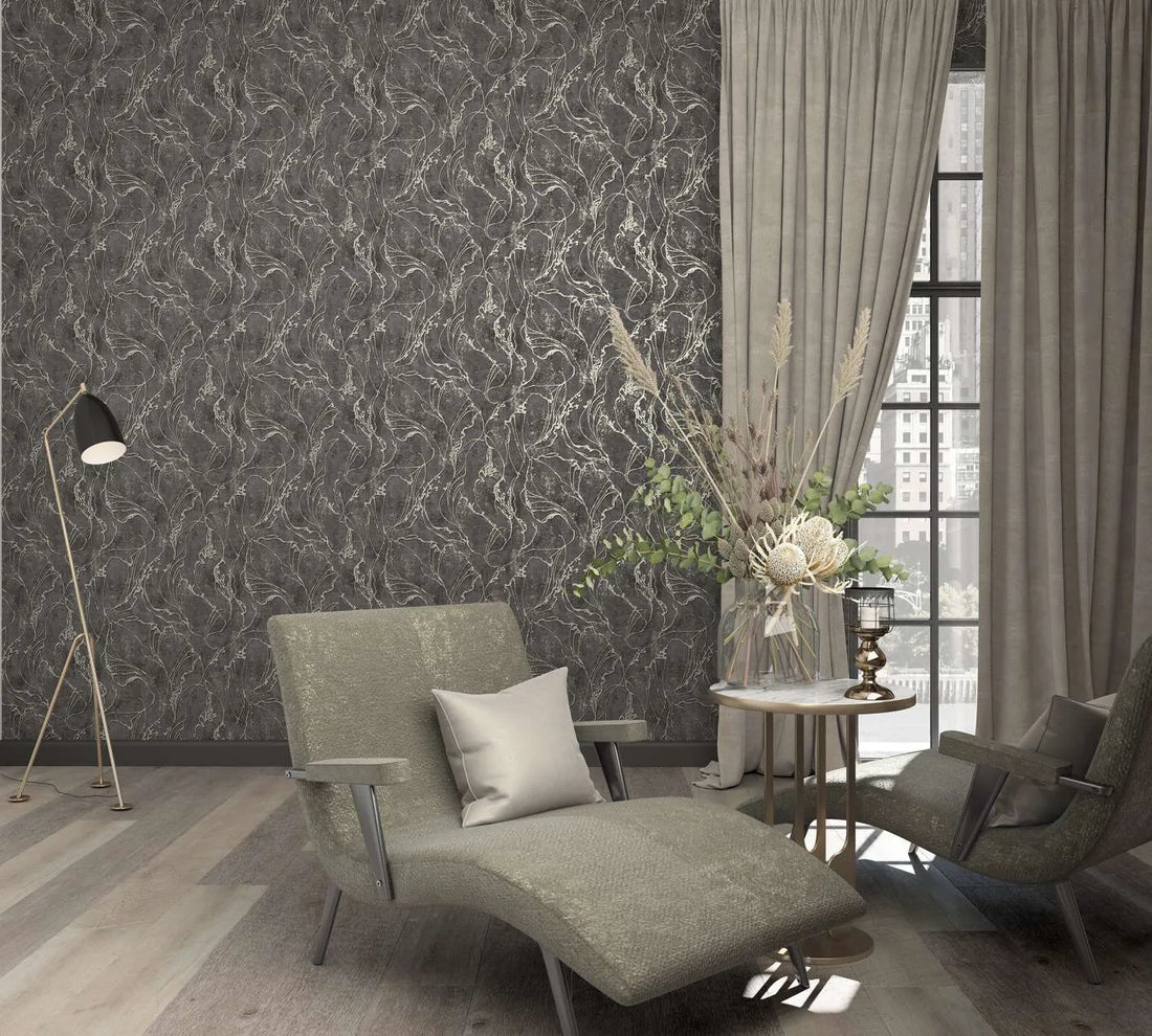 Marburg City Glow 34257 wallpaper with fluid abstract linework on a charcoal stone-like ground