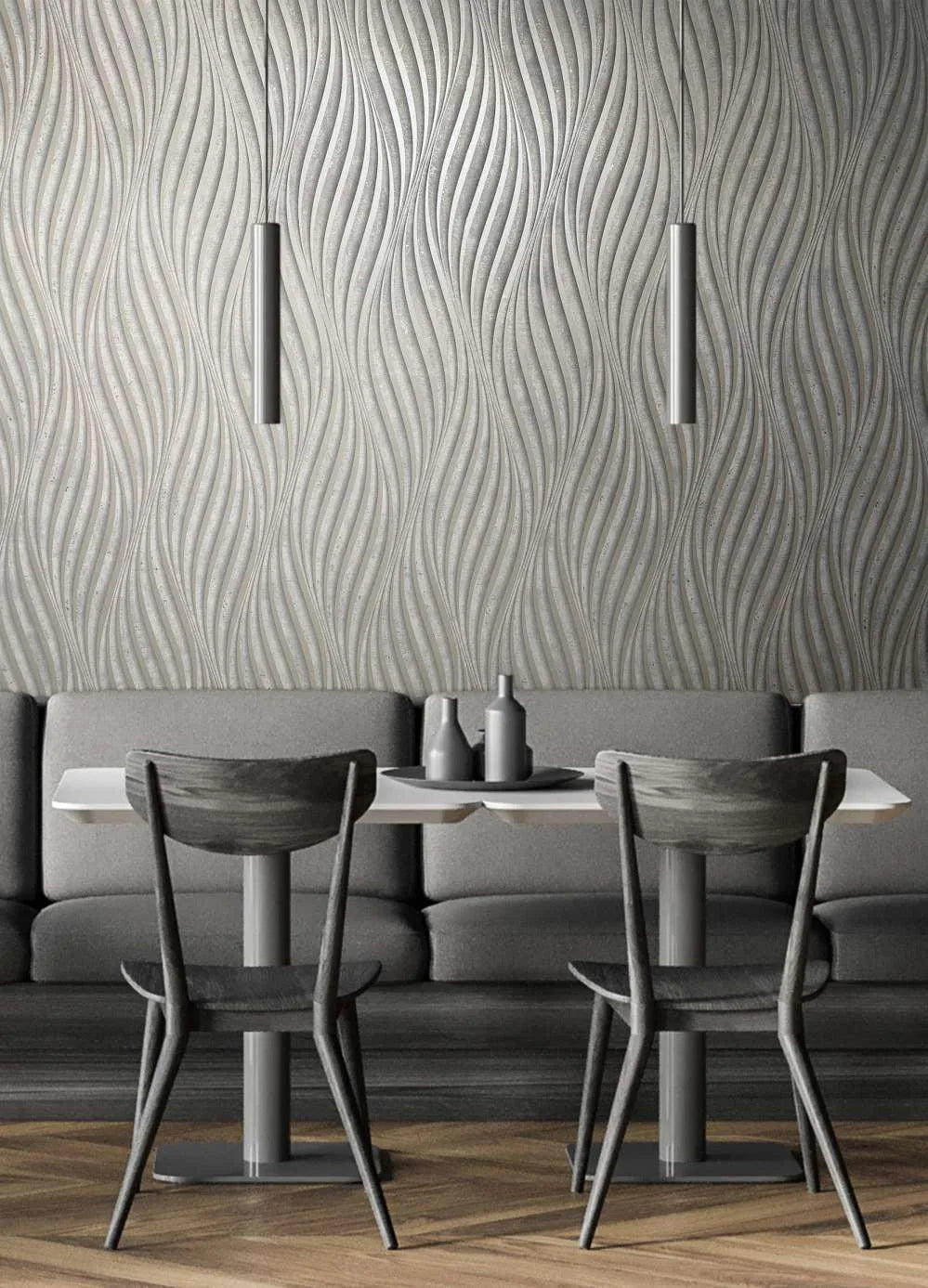 Marburg City Glow 34261 in neutral grey with undulating geometric wave stripes on a non-woven substrate