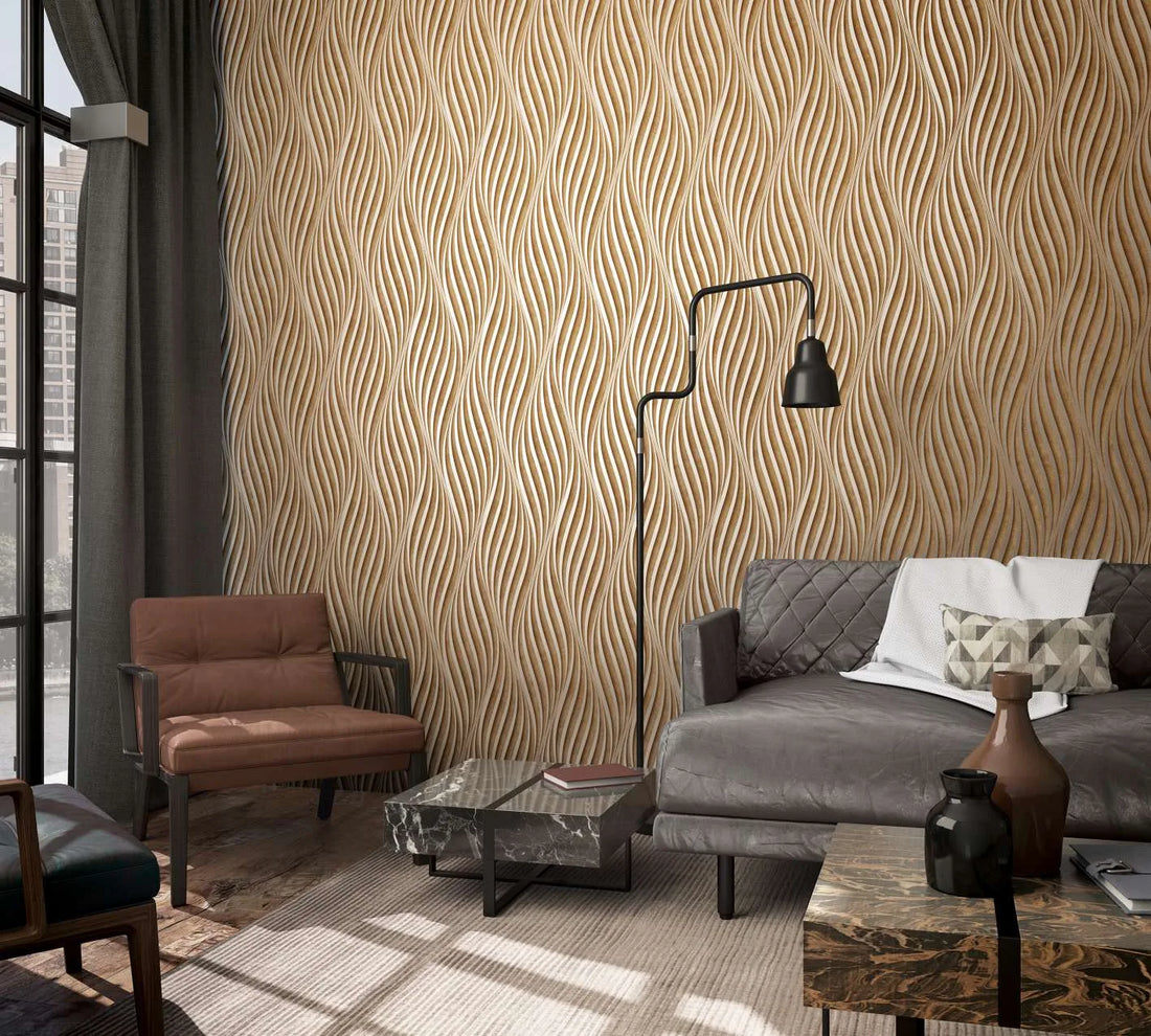Marburg City Glow 34262 wave pattern wallpaper in warm taupe and grey