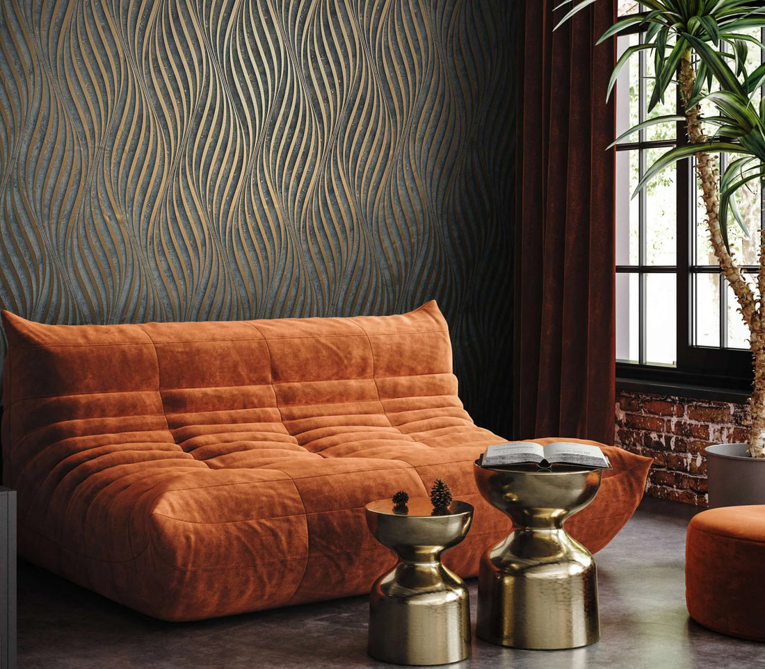 Marburg City Glow 34263 wallpaper with charcoal grey ground and copper-toned vertical wave stripes.
