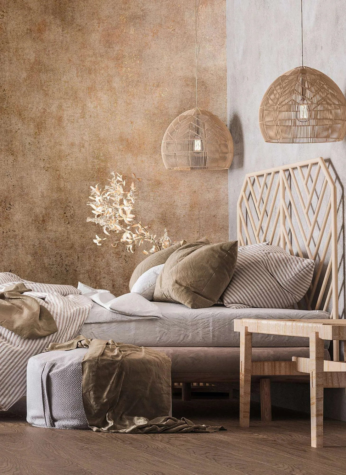 Marburg City Glow 34268 warm beige plaster-look wallpaper with soft concrete texture.