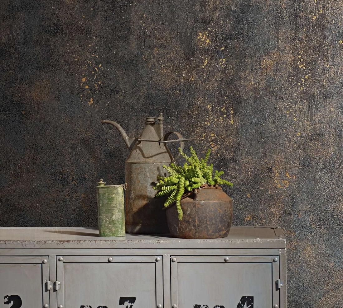 Marburg City Glow 34270 deep olive concrete-look wallpaper with copper patina