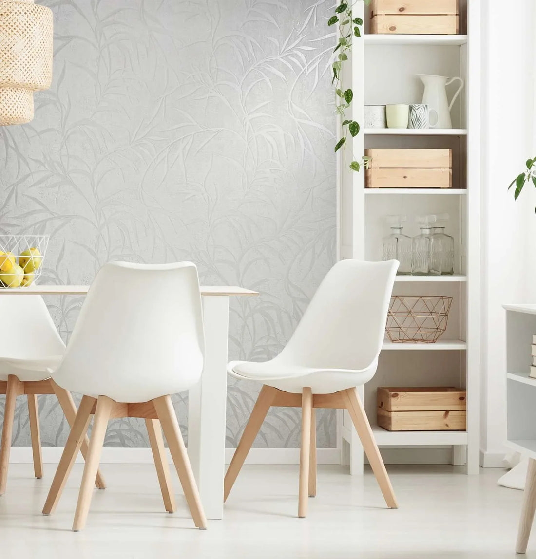 Marburg City Glow 34283 wallpaper in soft white with subtle leafy pattern over a concrete-look texture.