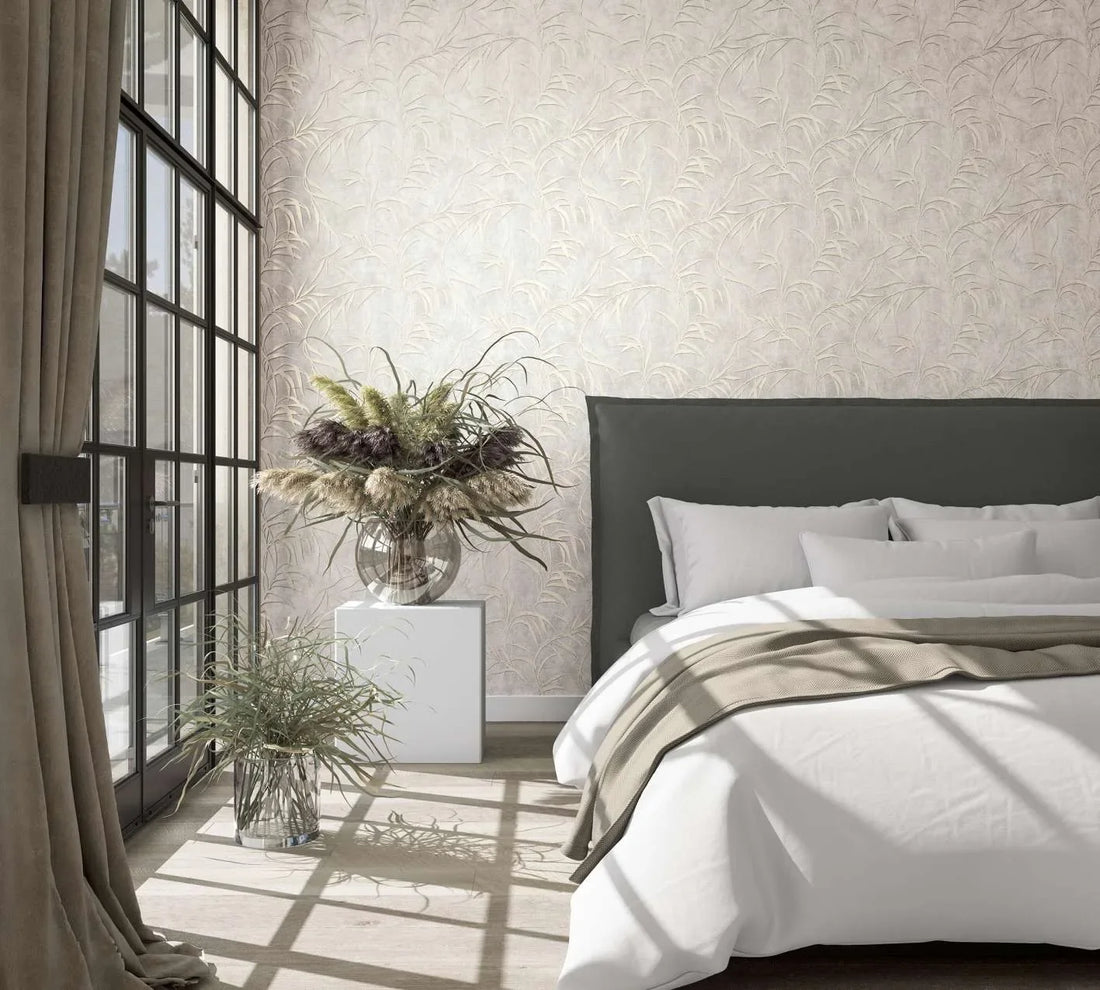 Marburg City Glow 34284 beige leafy wallpaper with concrete-look background