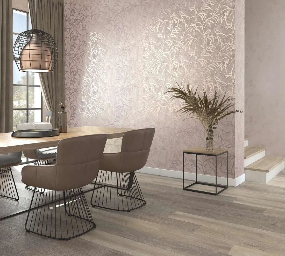 Marburg City Glow 34285 wallpaper with taupe leafy motif on warm beige concrete-look background