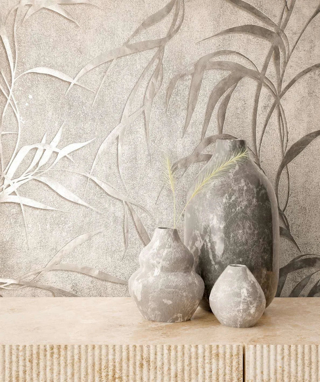 Marburg City Glow 34286 grey leafy wallpaper with concrete-look texture