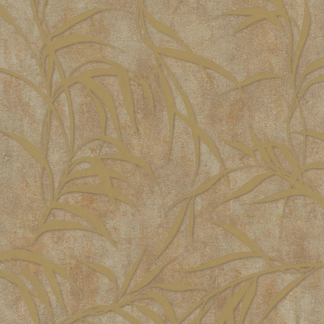 Marburg City Glow 34288 wallpaper with golden leafy fronds over a warm brown concrete-look background
