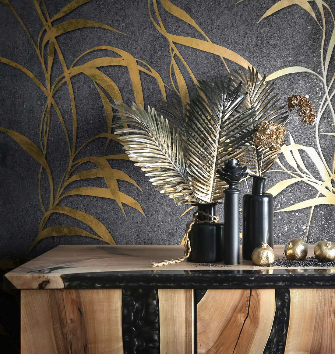 Marburg City Glow 34289 olive green wallpaper with gold leafy botanical on a concrete-look ground