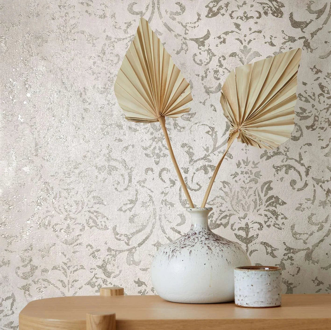 Marburg City Glow 34291 beige distressed damask wallpaper with a subtle plaster effect.