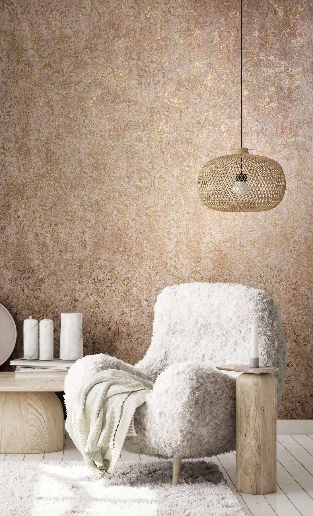 Warm brown and gold distressed damask wallpaper with a plaster-look texture