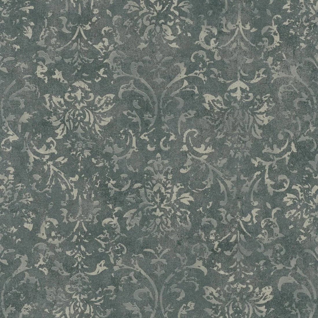 Marburg City Glow 34296 dark olive-grey concrete-look damask wallpaper with silver ornamental pattern