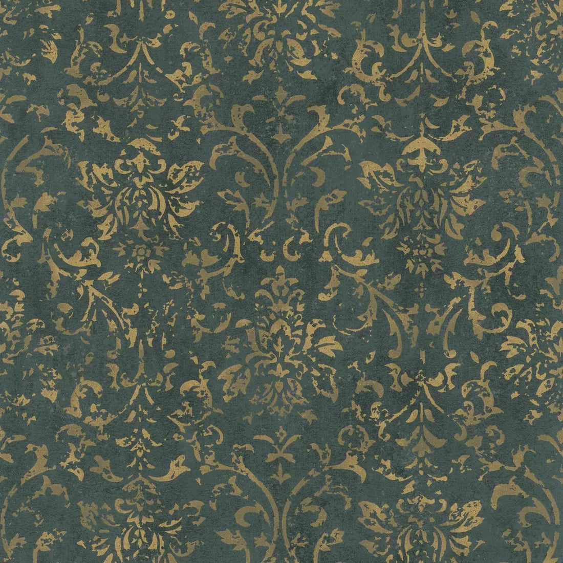Marburg City Glow 34297 damask wallpaper in deep olive green with distressed gold scrollwork.