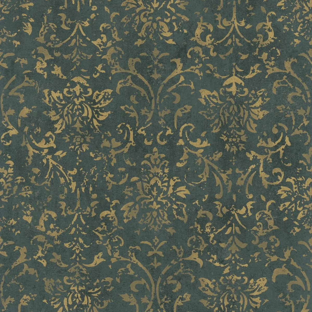 Marburg City Glow 34297 damask wallpaper in deep olive green with distressed gold scrollwork.