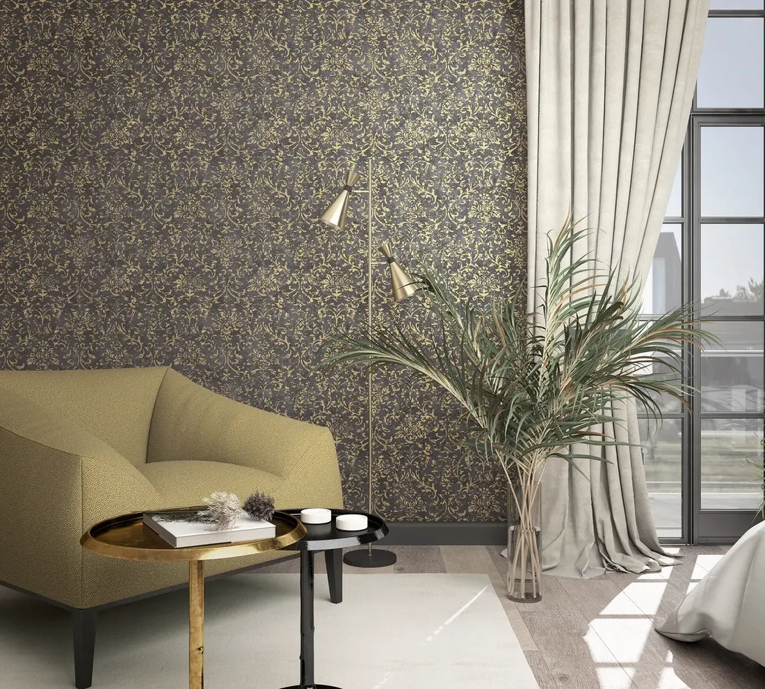 Marburg City Glow 34297 damask wallpaper in deep olive green with distressed gold scrollwork.