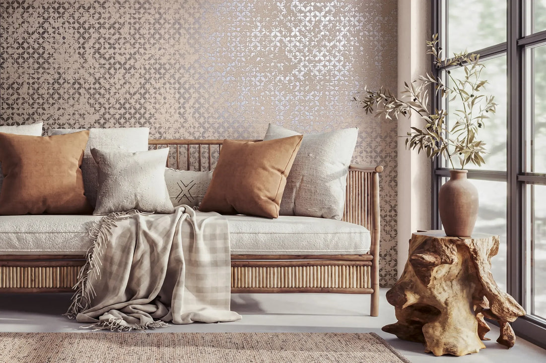 Marburg City Romance 35120 geometric lattice wallpaper in neutral grey on warm beige with a distressed, linen-like texture.