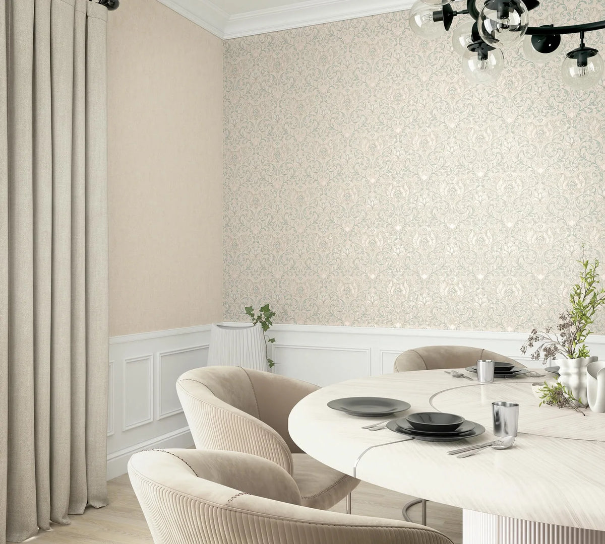 Marburg 35139 wallpaper in a serene lounge with a patterned feature wall, round dining table set with tableware, upholstered chairs, wainscoting, long curtains, and a modern chandelier.