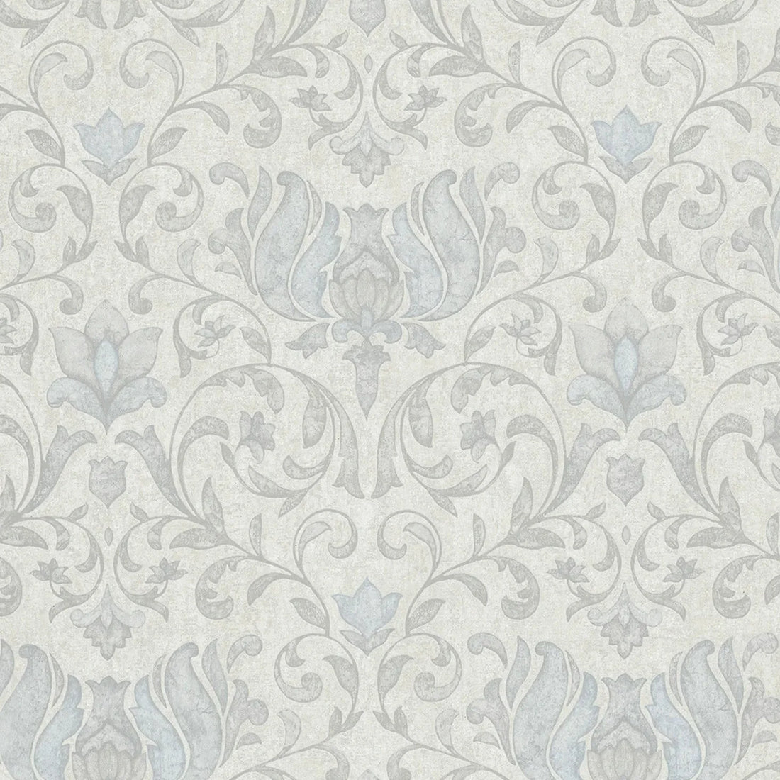 Marburg City Romance 35147 light grey damask wallpaper with blue-grey accents on a plaster-like ground