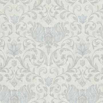 Marburg City Romance 35147 light grey damask wallpaper with blue-grey accents on a plaster-like ground