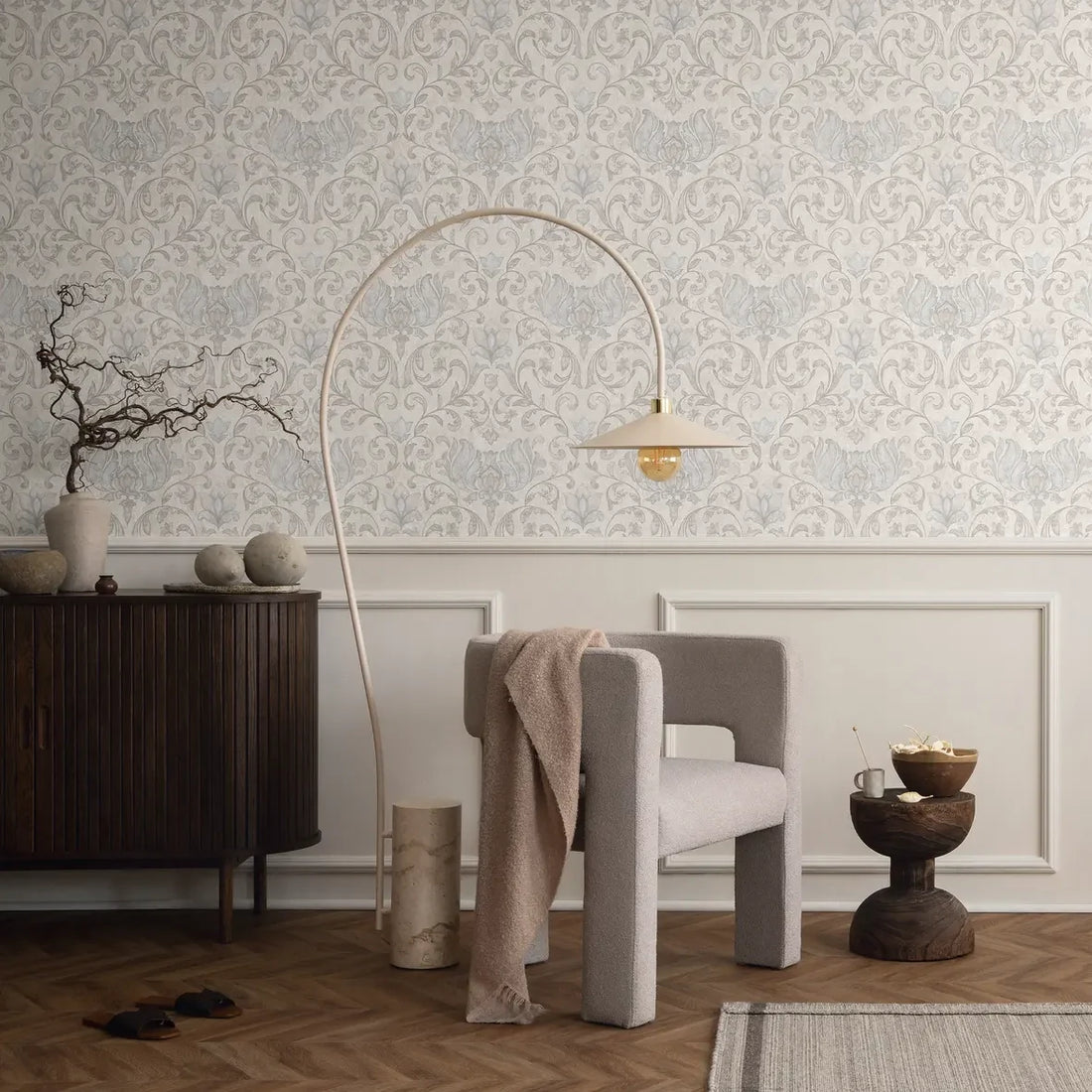Marburg City Romance 35147 light grey damask wallpaper with blue-grey accents on a plaster-like ground