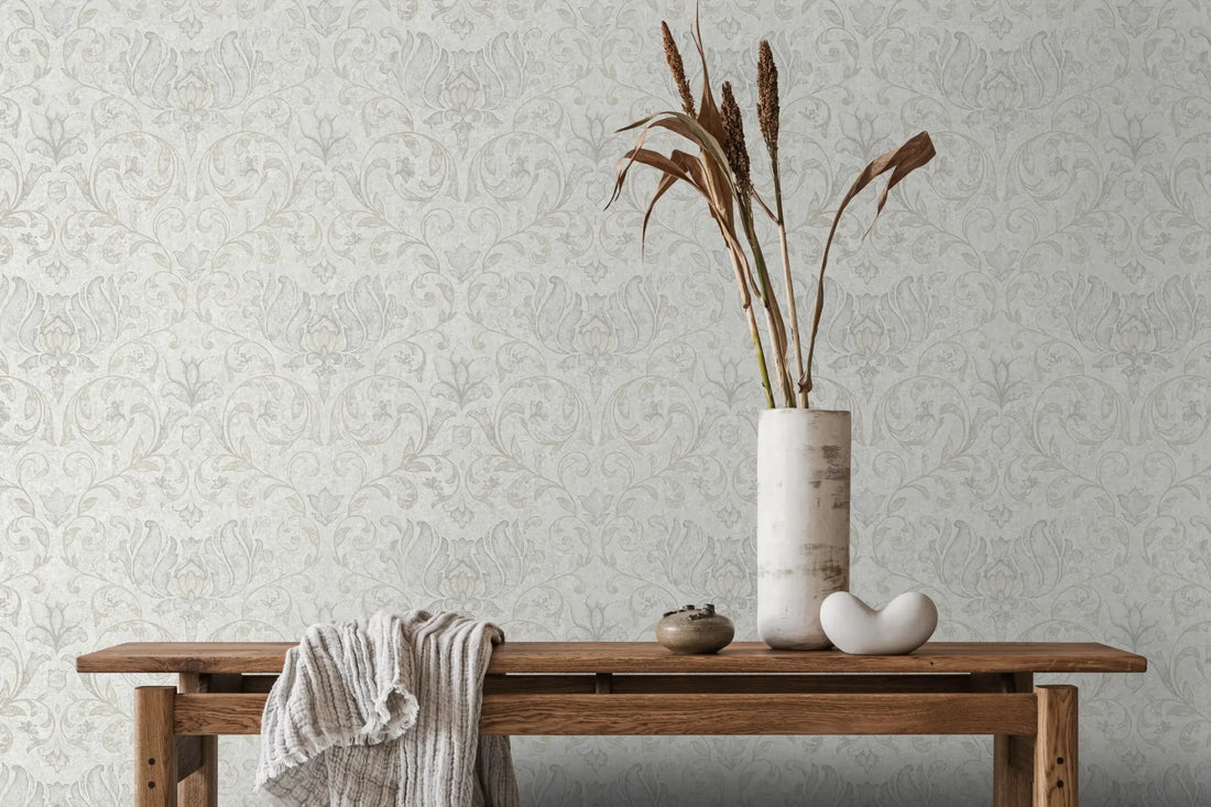 Marburg City Romance 35148 light grey damask wallpaper with a soft plaster-look ground.