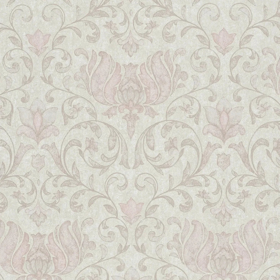 Marburg City Romance 35149 wallpaper with warm taupe and dusty rose damask on a light grey plaster-look ground.