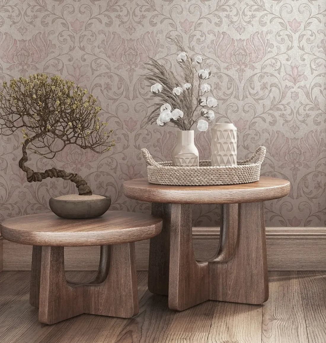Marburg City Romance 35149 wallpaper with warm taupe and dusty rose damask on a light grey plaster-look ground.