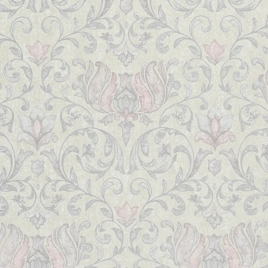 Marburg City Romance 35150 grey damask floral wallpaper with soft blush accents on a plaster-look ground