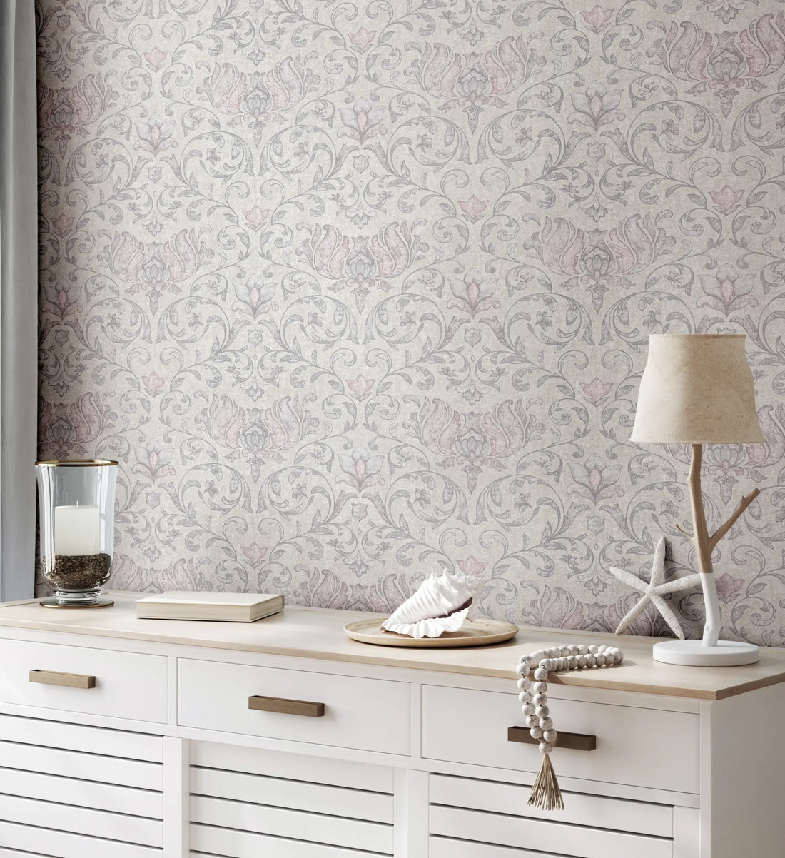 Marburg City Romance 35150 grey damask floral wallpaper with soft blush accents on a plaster-look ground