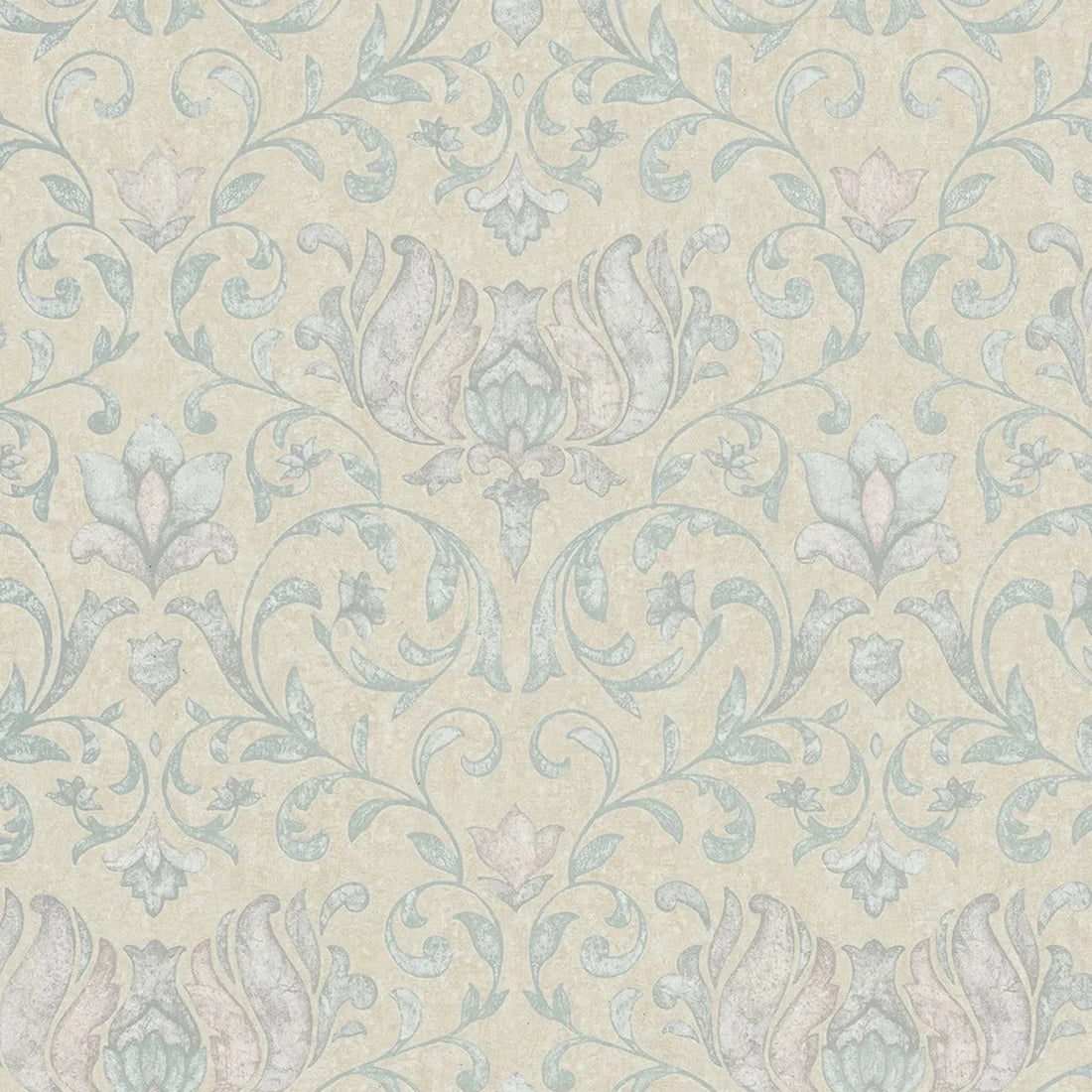 Marburg City Romance 35151 damask wallpaper with soft sage floral scrolls on a warm beige plaster-like ground