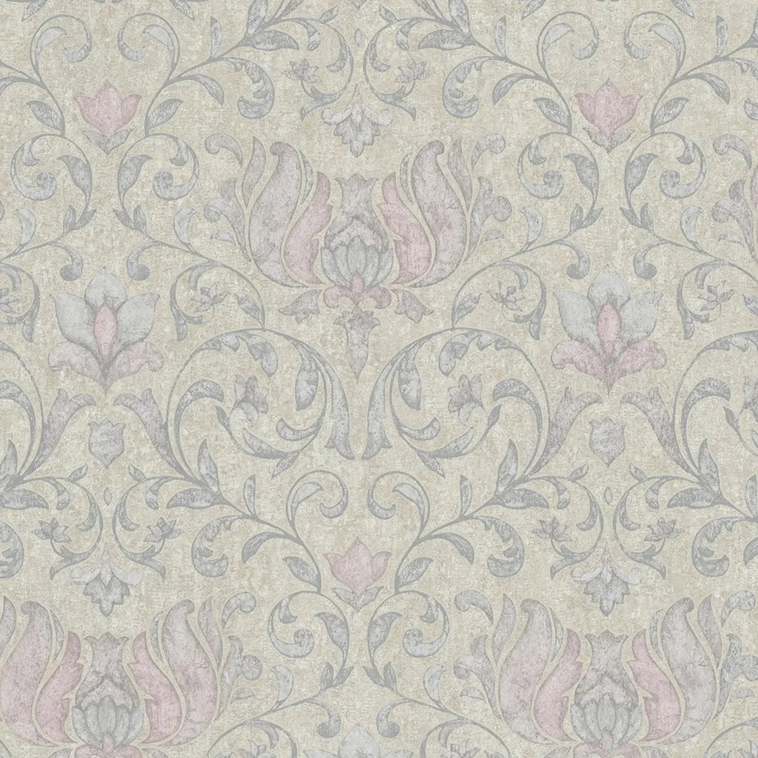 Marburg City Romance 35152 wallpaper with trailing floral damask in soft grey and dusty blush on a warm beige, plaster-like background.